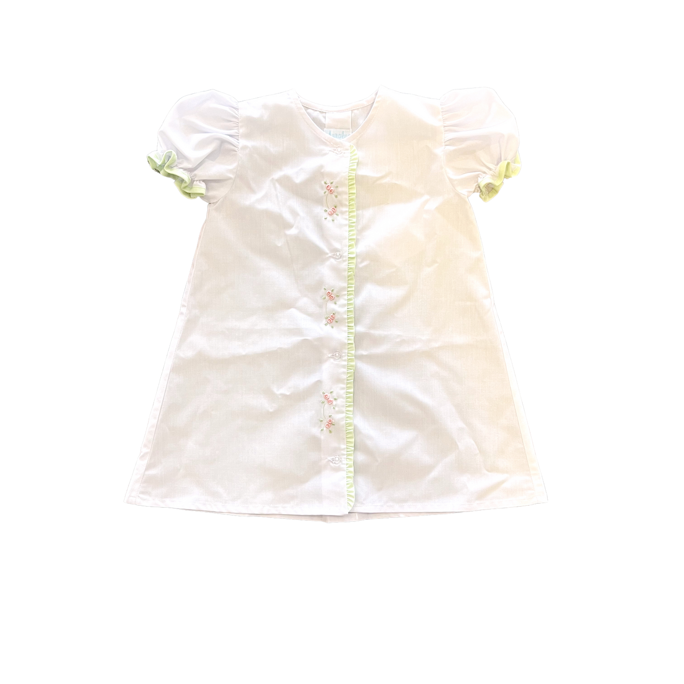 Rosebud Embroidered Button-Front Daygown - White/Green