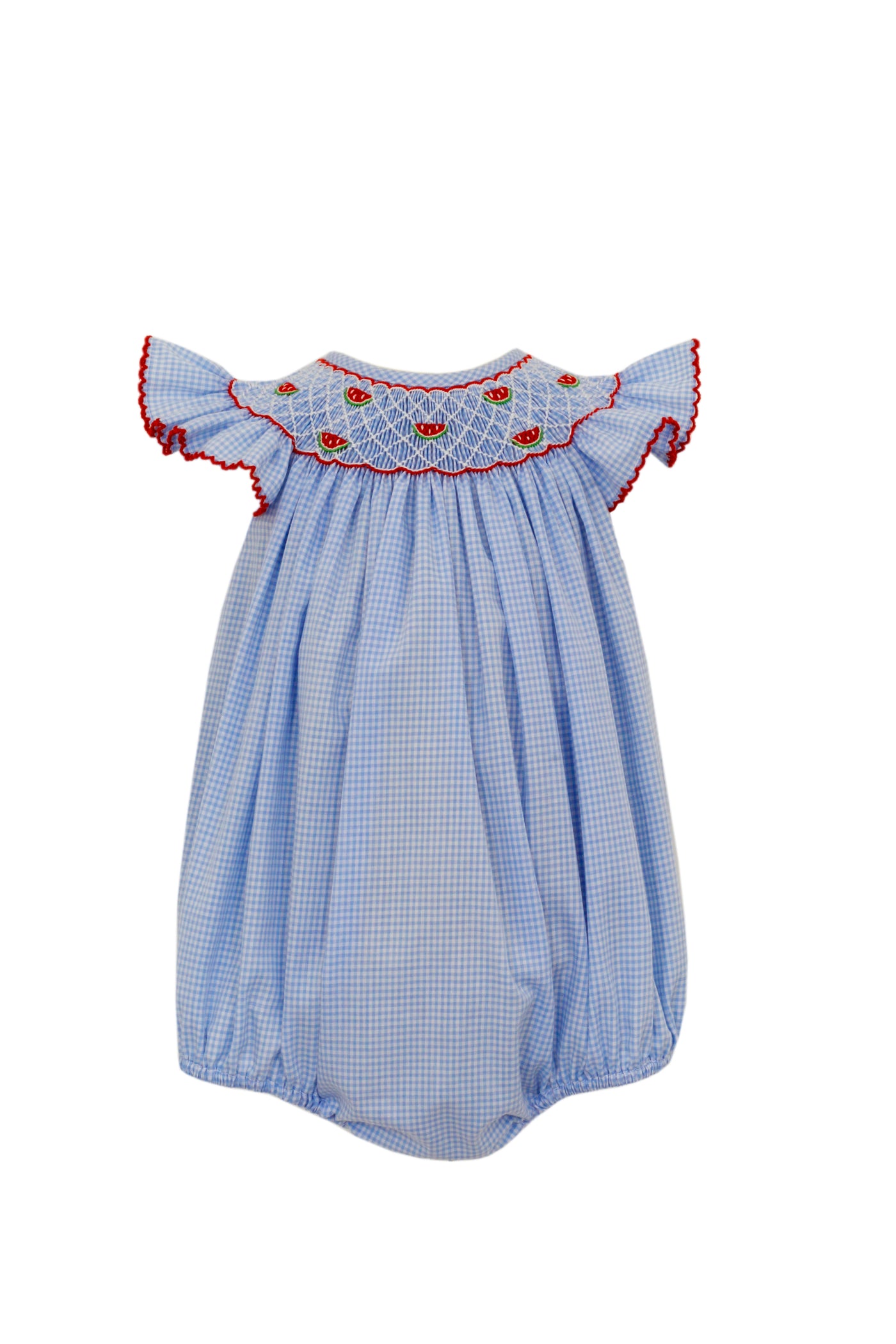 Watermelon Smocked Bishop Bubble - Blue Gingham