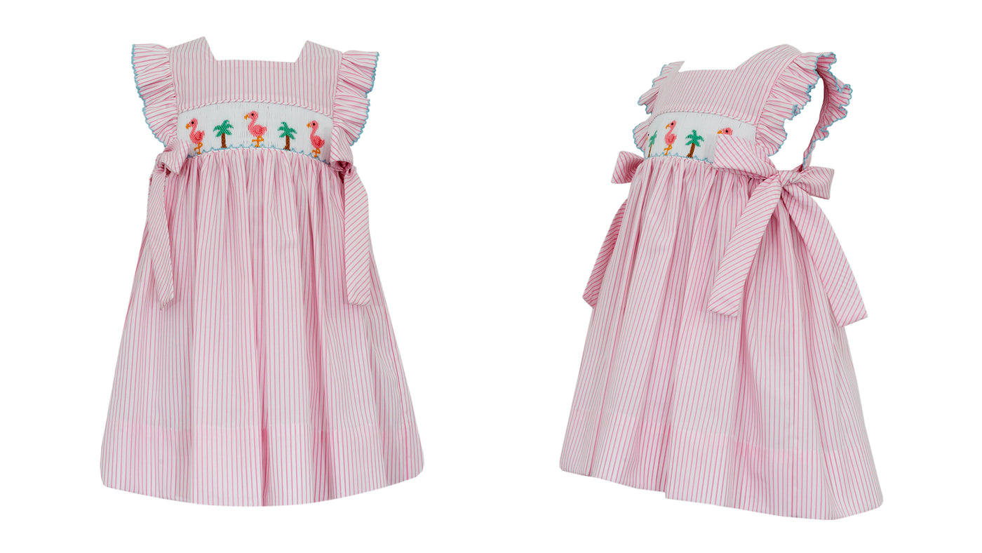 Flamingo Smocked Dress w/ Side Bows - Pink Stripe