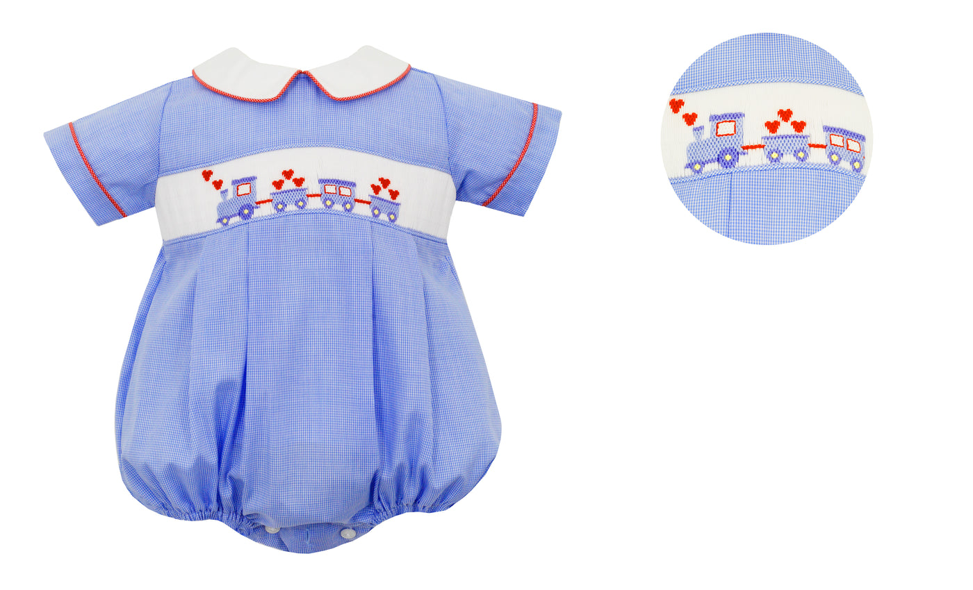 Blue Gingham Valentines Smocked Train Bubble