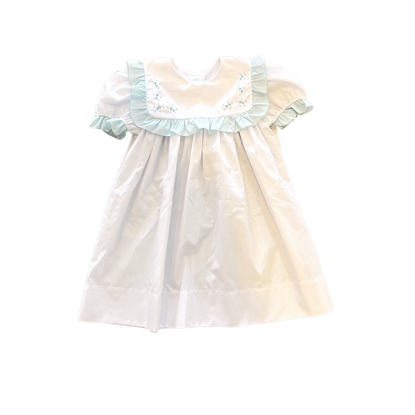 Rosebud Embroidered Ruffle Dress - White/Blue
