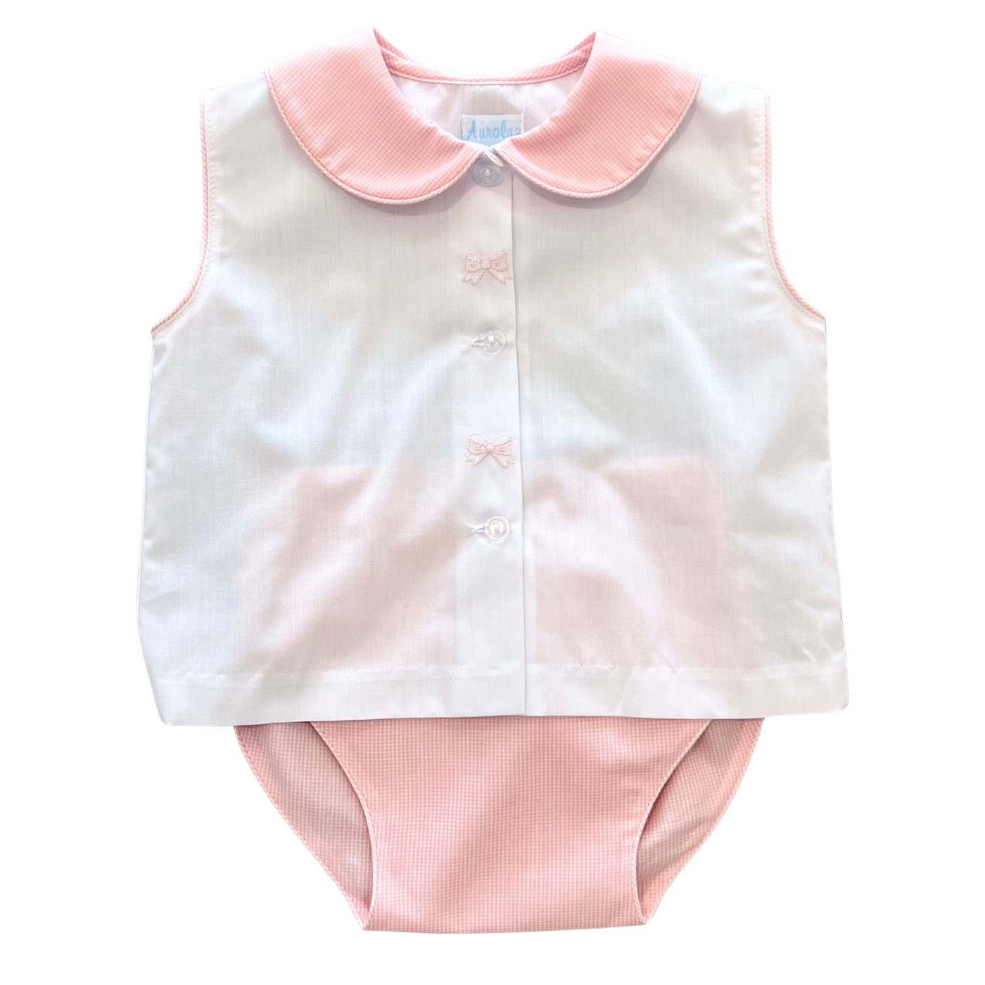 Bow Embroidered Diaper Set - Pink/White Minicheck