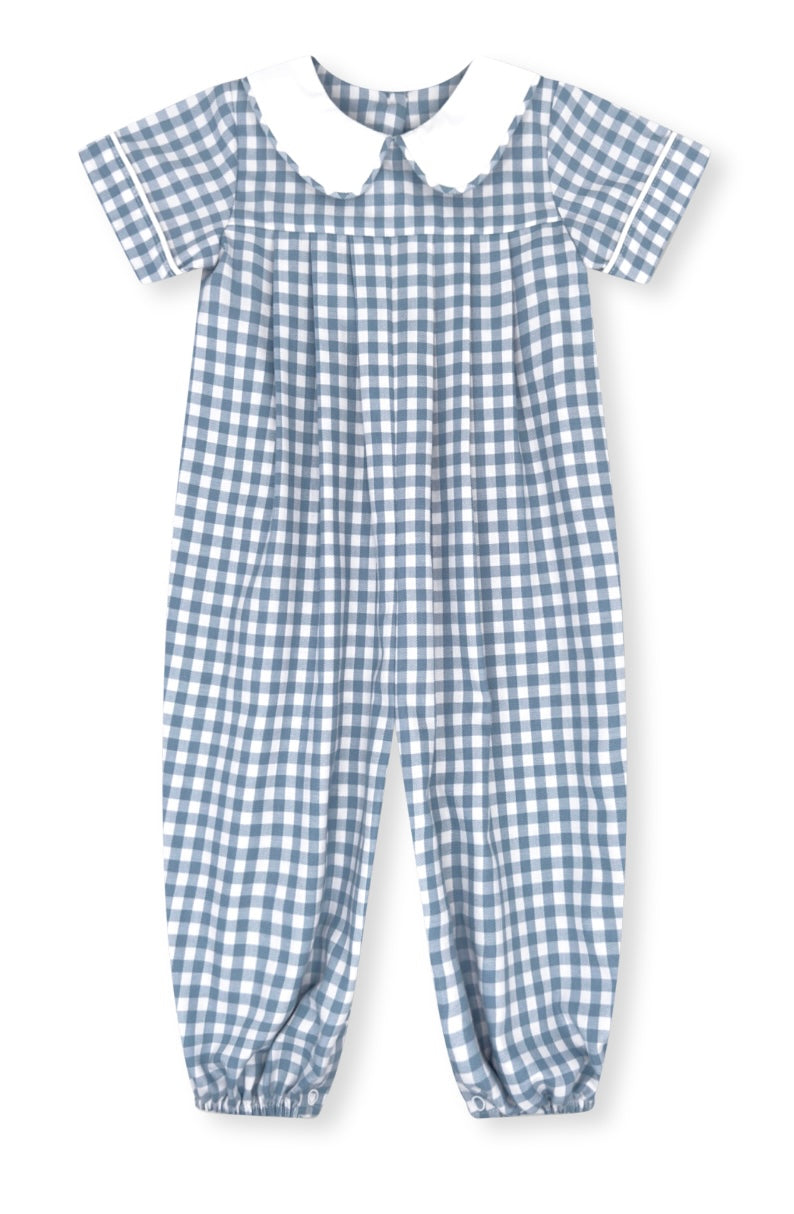 Precious Pleated Romper - Stone Blue Check