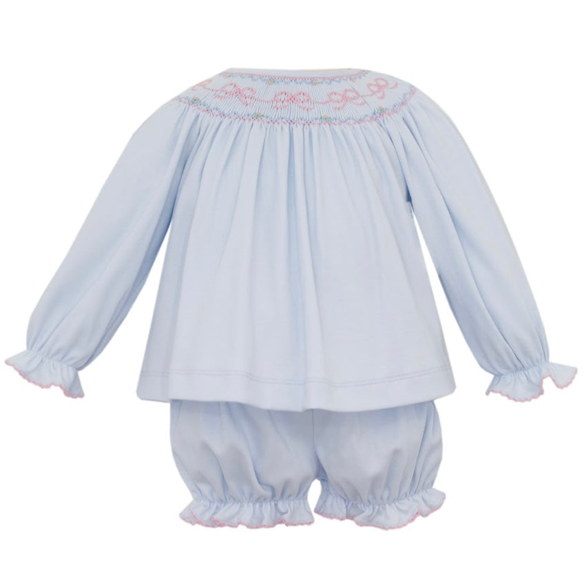 Smocked Bows Light Blue Knit Bloomer Set