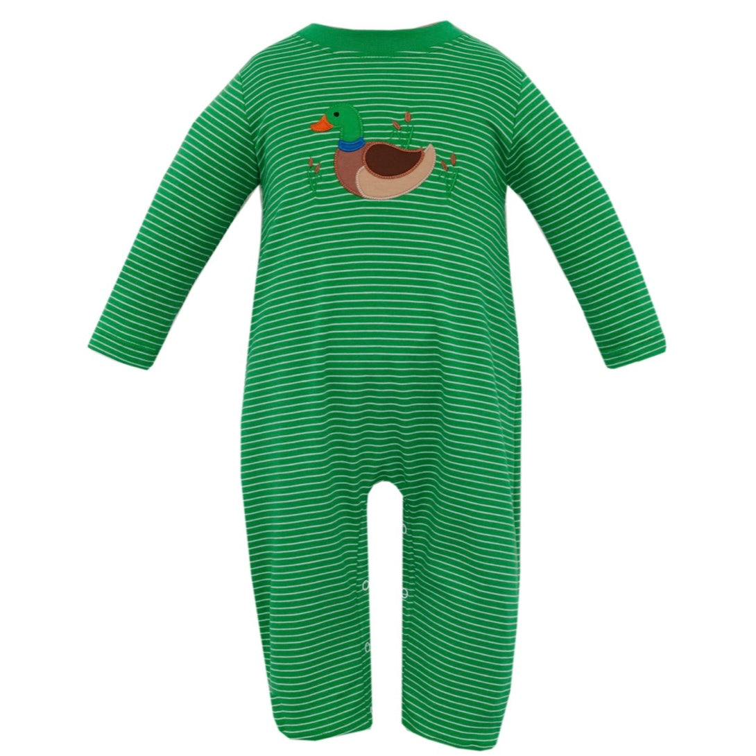 Mallard Duck Applique Knit Green Stripe Romper