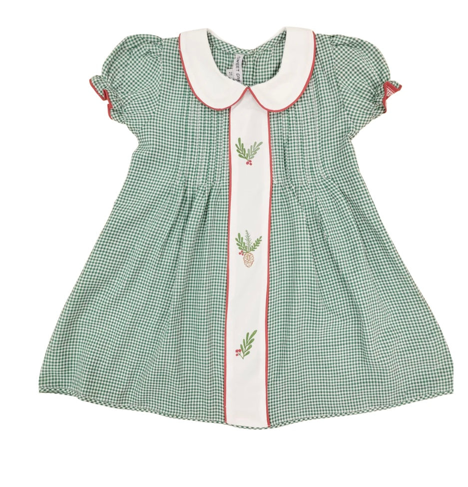 Embroidered Pinecone Dress-Green Gingham