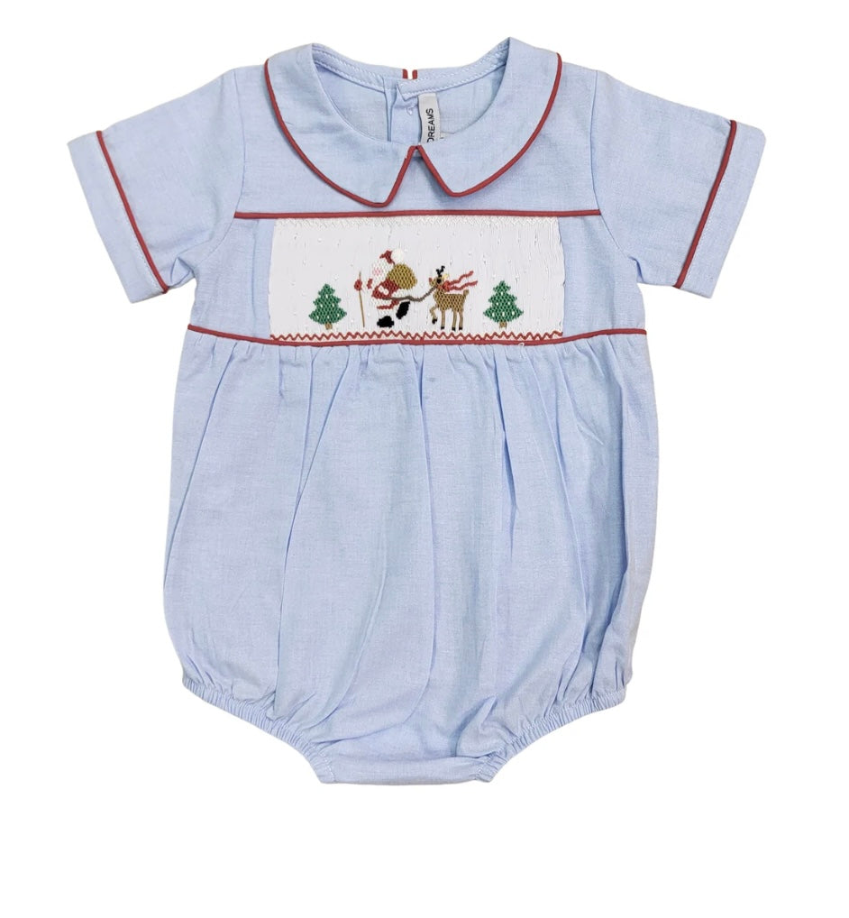 Santa's Coming Chambray Smocked Boy Bubble