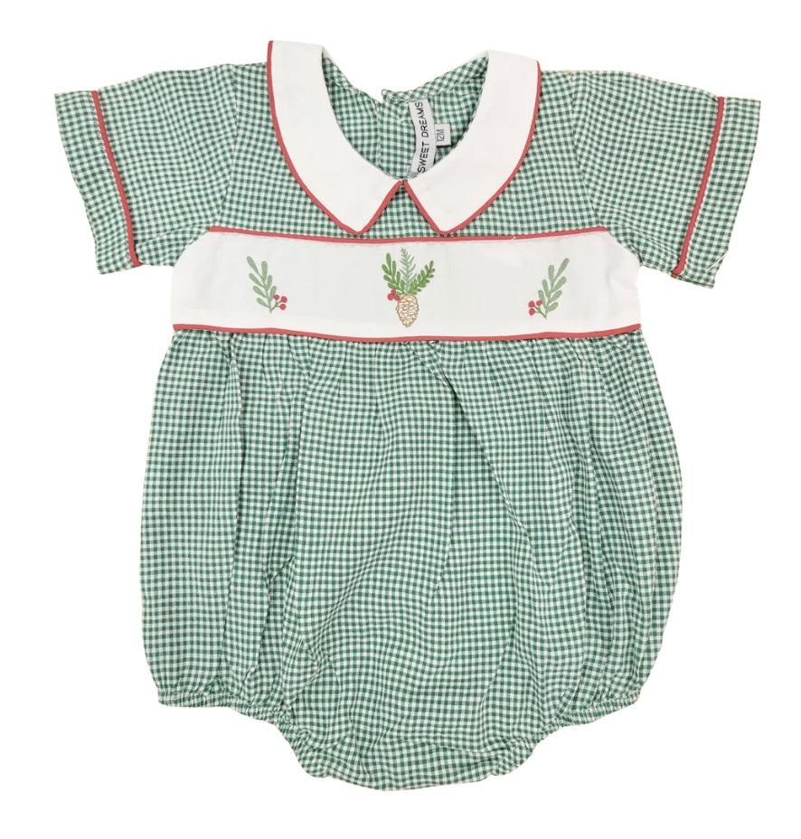 Embroidered Pinecone Bubble-Green Gingham