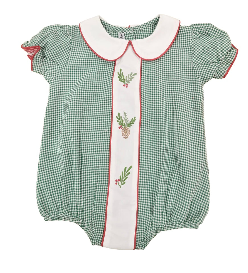 Girls Embroidered Pinecone Bubble - Green Gingham