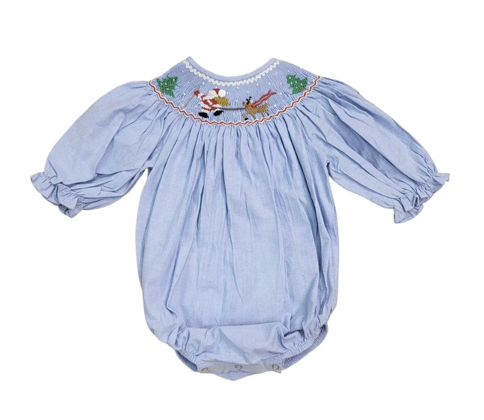 Santa's Coming Chambray Smocked Girl Bubble