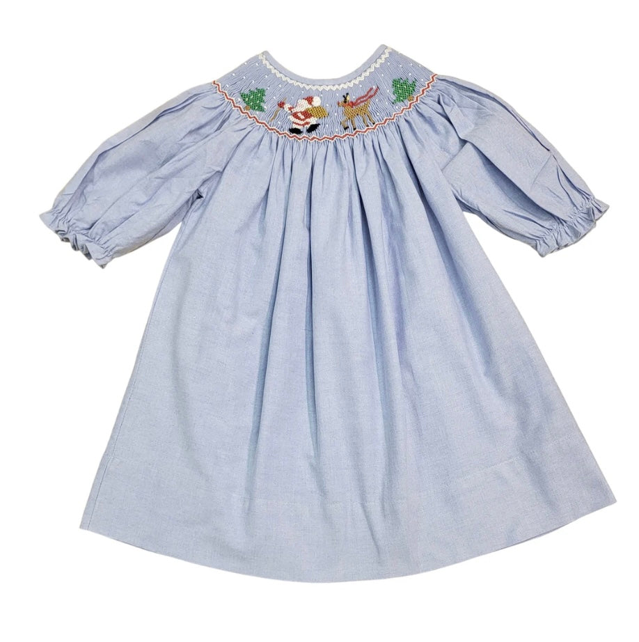 Santa's Coming Chambray Smocked Dress