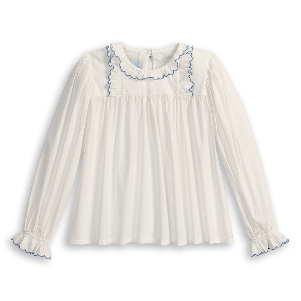 Lucille Ruffled Blouse - Ivory with Periwinkle