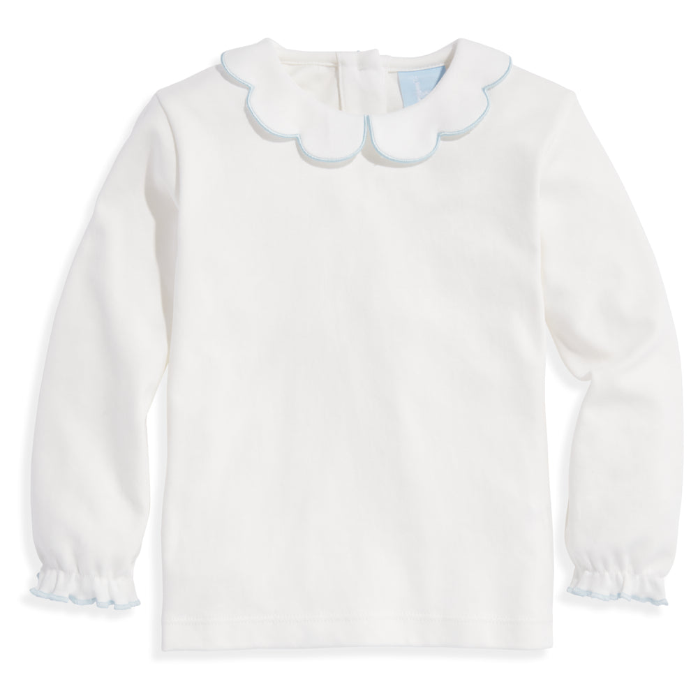 L/S Pima Scalloped Collar Tee - Ivory with Ice Blue