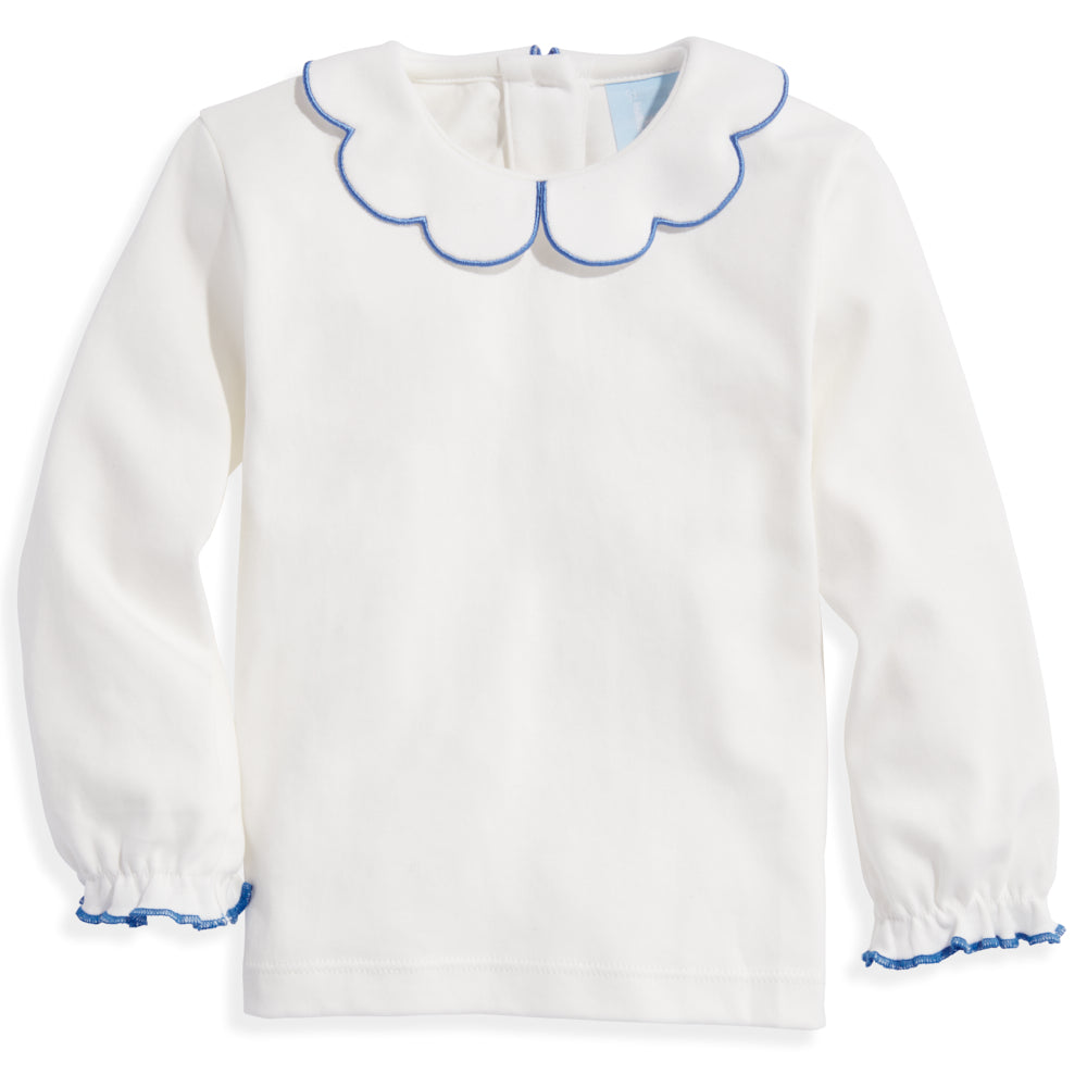 L/S Pima Scallop Collar Tee - Ivory with Sapphire Blue