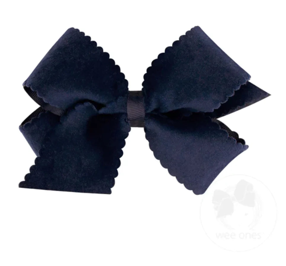 Navy Scalloped Velvet Overlay Bow