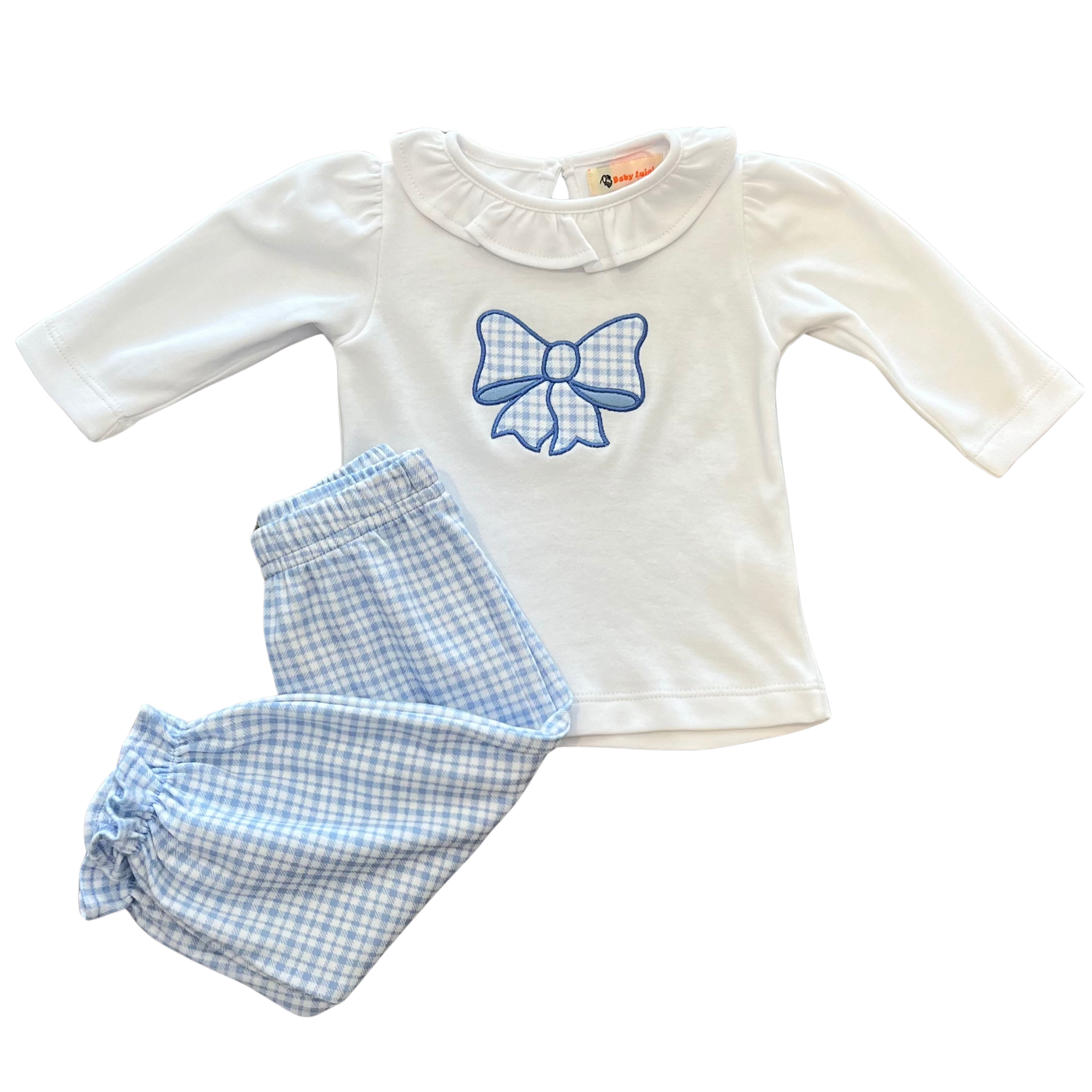 Blue and White Windowpane Bow Applique Set w/ Bloomer Pants