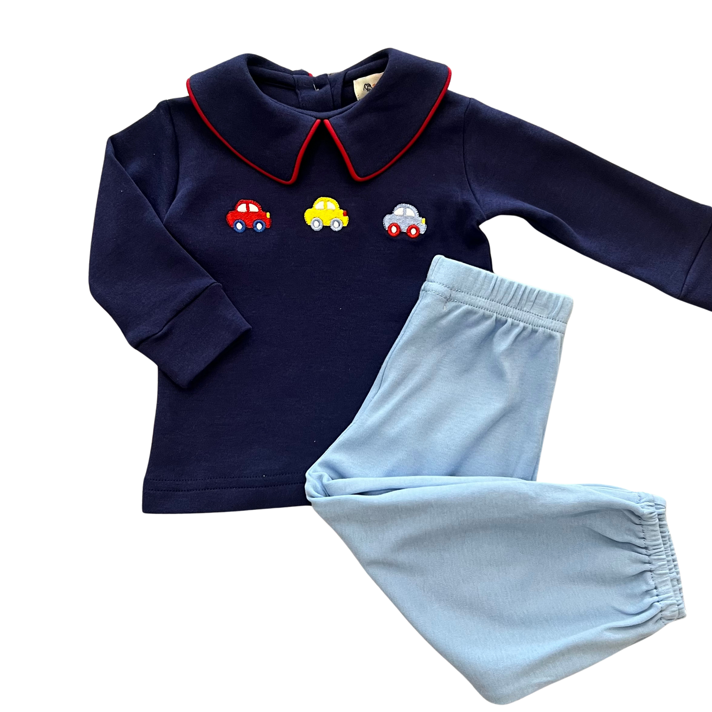 Navy Car Trio Embroidered Set w/ Light Blue Bloomer Pants