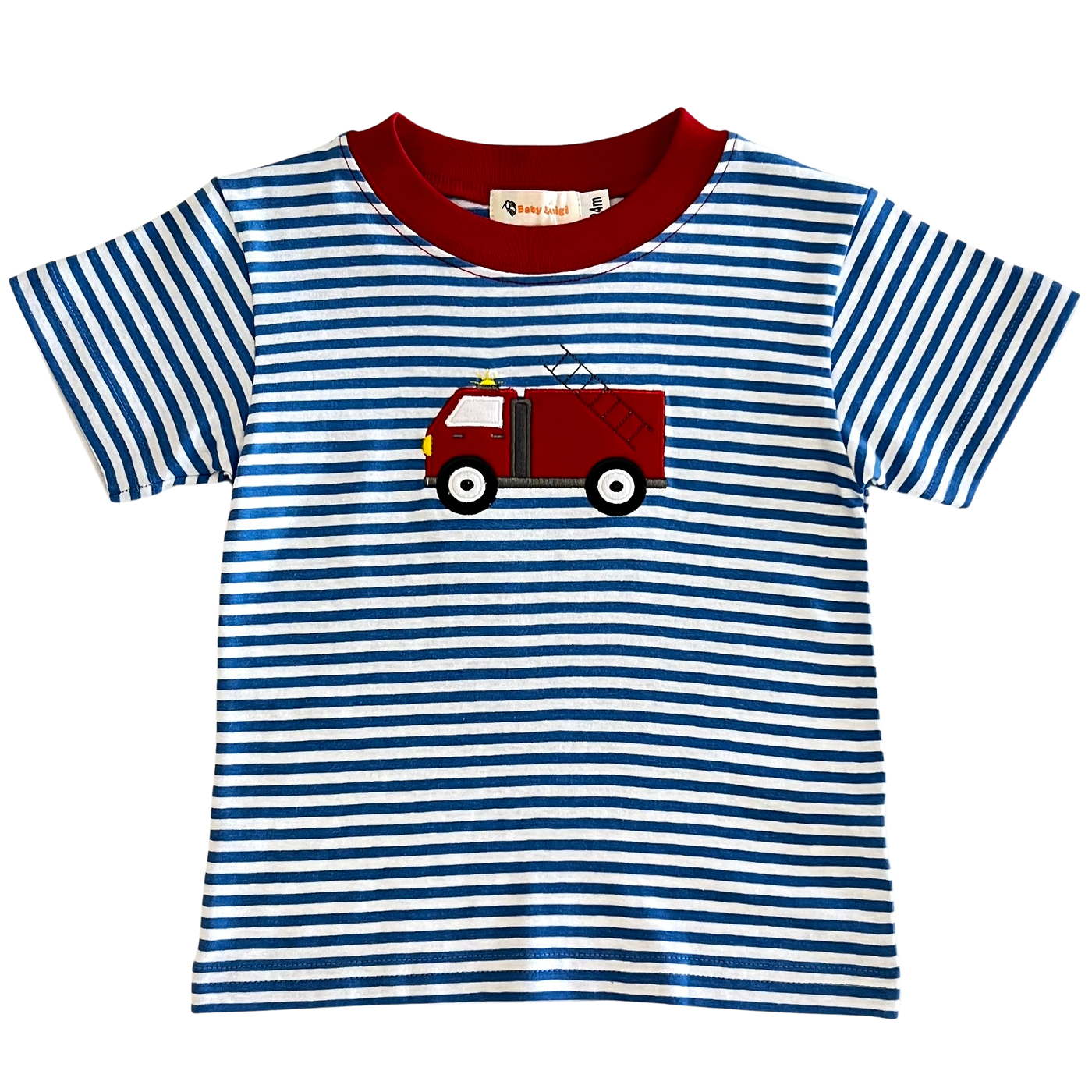 Firetruck Applique T-Shirt - Blue Stripe