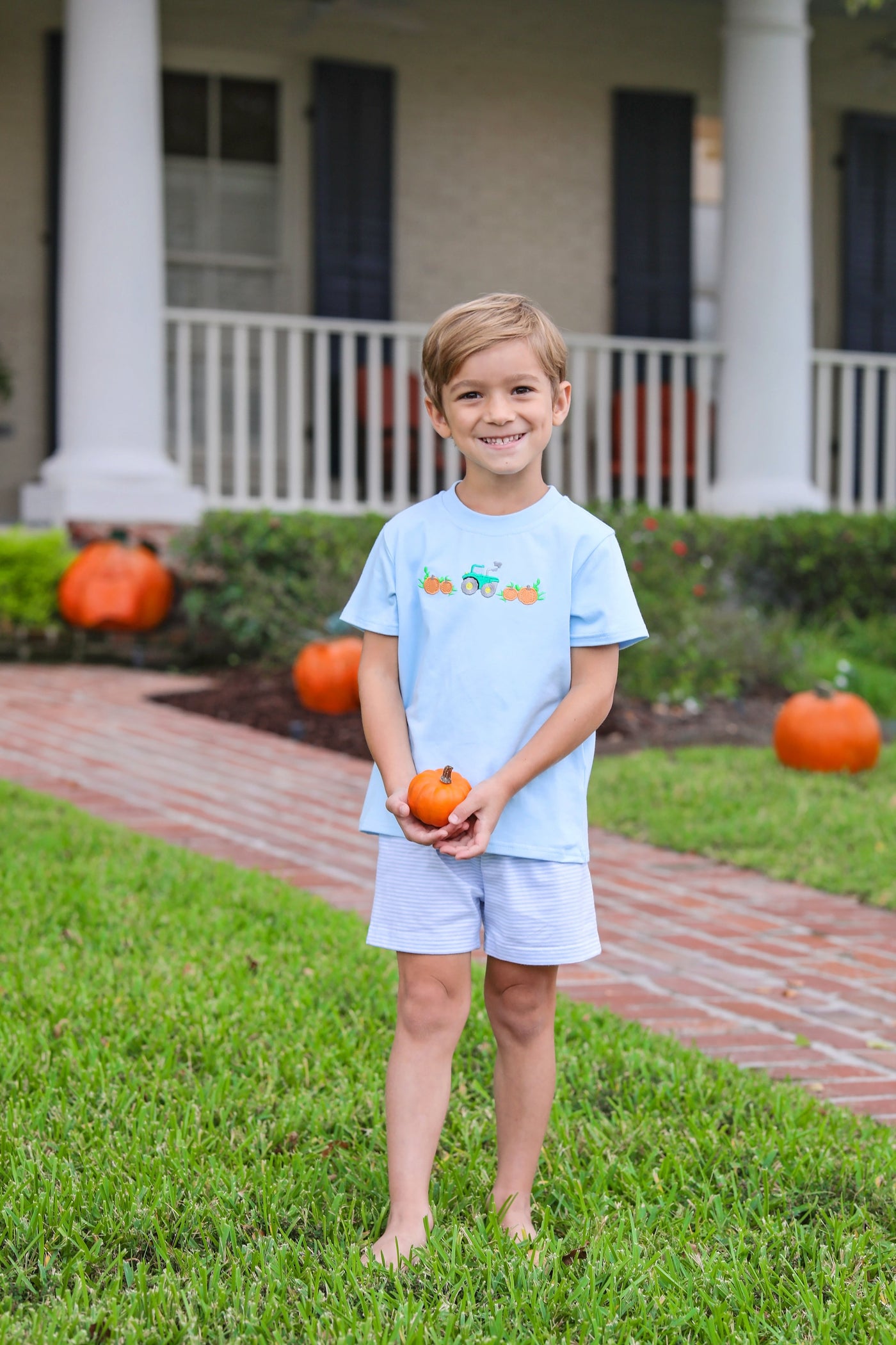 Pumpkin Tractor Embroidery T-Shirt