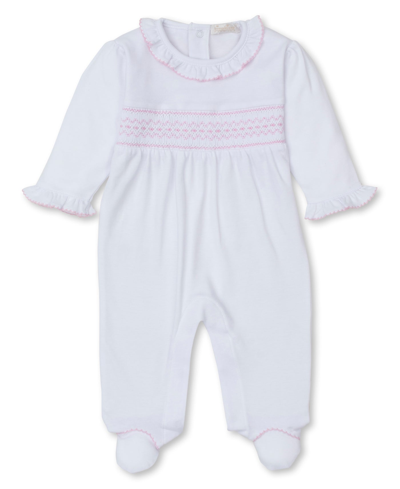 Hand Smocked Footie - White/Lt Pink